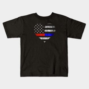 Thin Red Blue Line Heart - Police Officer - Firefighter Flag Kids T-Shirt